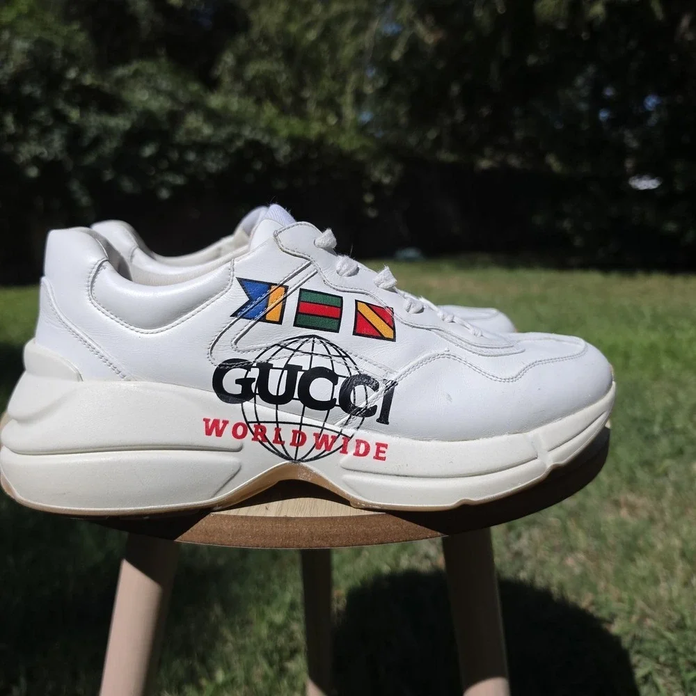 Gucci Rhyton Worldwide White Leather Men's Sneakers Logo Print, men's 9
